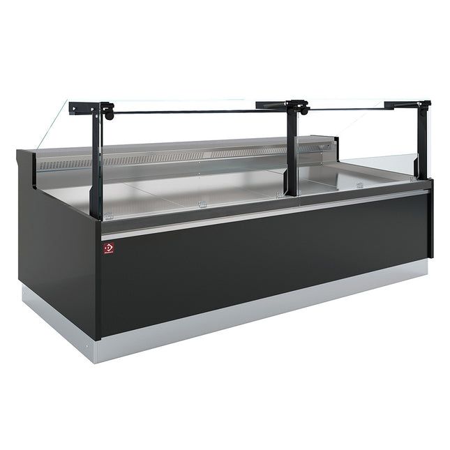 Geventileerde vitrinetoonbank, met reserve, verticale ruit 90° met zuigerlift - FULL BLACK