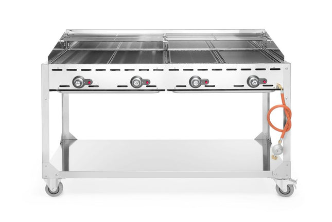 Green fire met 4 branders, HENDI, Profi Line, op verrijdbaar onderstel, Lichtgrijs, 22kW, 1400x612x(H)825mm