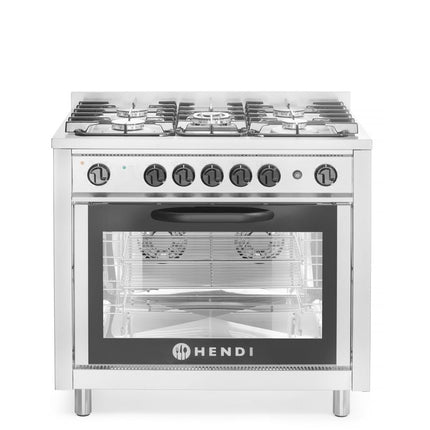 Gasfornuis - 5 pits met elektrische oven, HENDI, Kitchen Line, Zilver, 230V/2900W, 14,3kW, 900x653x(H)900mm