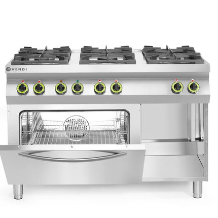 Gasfornuis Kitchen Line 6-pits met convectieoven GN 1/1, HENDI, Kitchen Line, 230V/3000W, 28,5kW, 1200x722x(H)900mm
