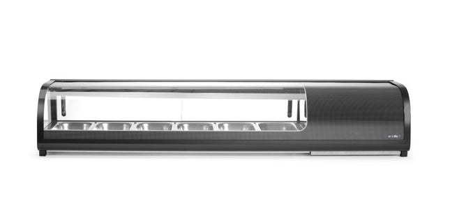 Sushi display, Arktic, Inclusief containers: 6x GN 1/3 (H) 40 mm., GN 1/3, Zwart, 220-240V/190W, 1529x426x(H)296mm
