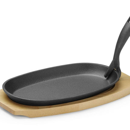 Gietijzeren schaal met houten onderlegger en greep, HENDI, Zwart, 280x140x(H)30mm
