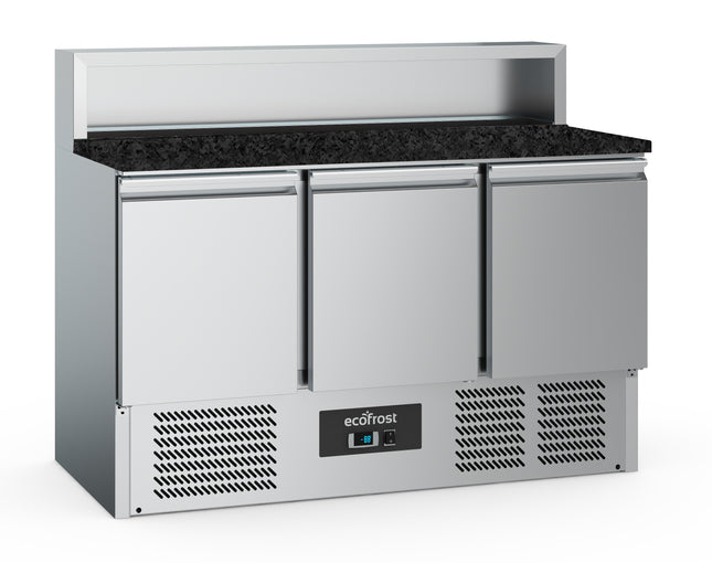 PIZZAWERKBANK 3 DEURS 8x1/6GN PAN ZWART GRANIET WERKBLAD