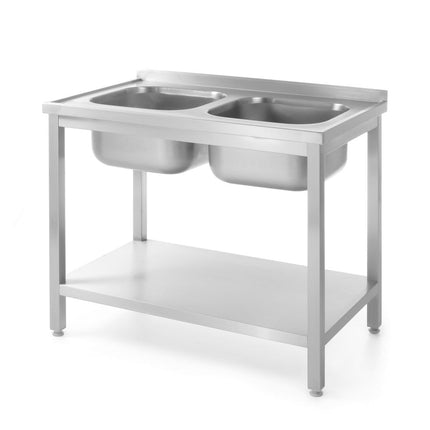 Tafel met 2 spoelbakken en plank â€“ met bouten, diepte 600 mm, HENDI, Profi Line, 1000x600x(H)850mm