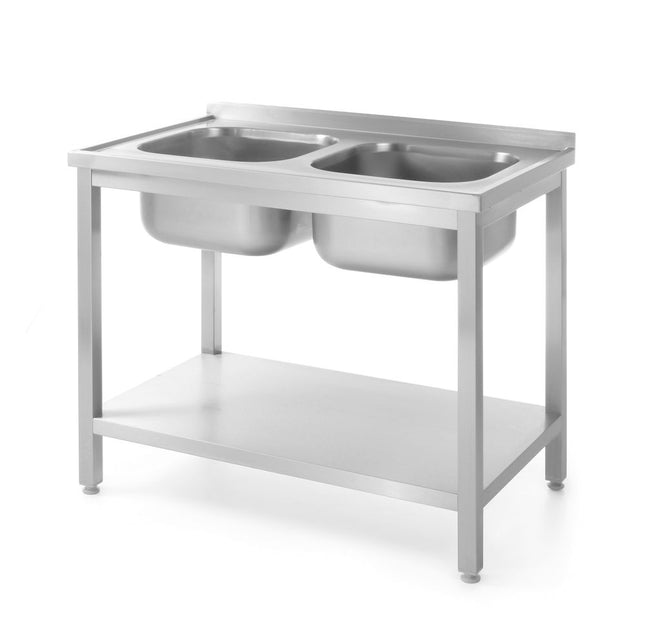 Tafel met 2 spoelbakken en plank â€“ met bouten, diepte 600 mm, HENDI, Profi Line, 1000x600x(H)850mm