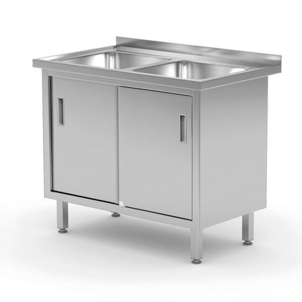 Tafel met 2 spoelbakken, kast â€“ gelast, met schuifdeuren, HENDI, Profi Line, 1000x600x(H)850mm