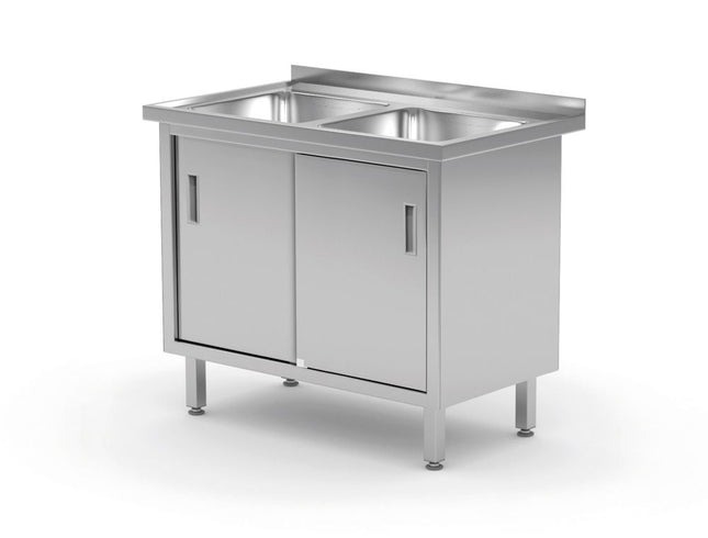 Tafel met 2 spoelbakken, kast â€“ gelast, met schuifdeuren, HENDI, Profi Line, 1000x600x(H)850mm